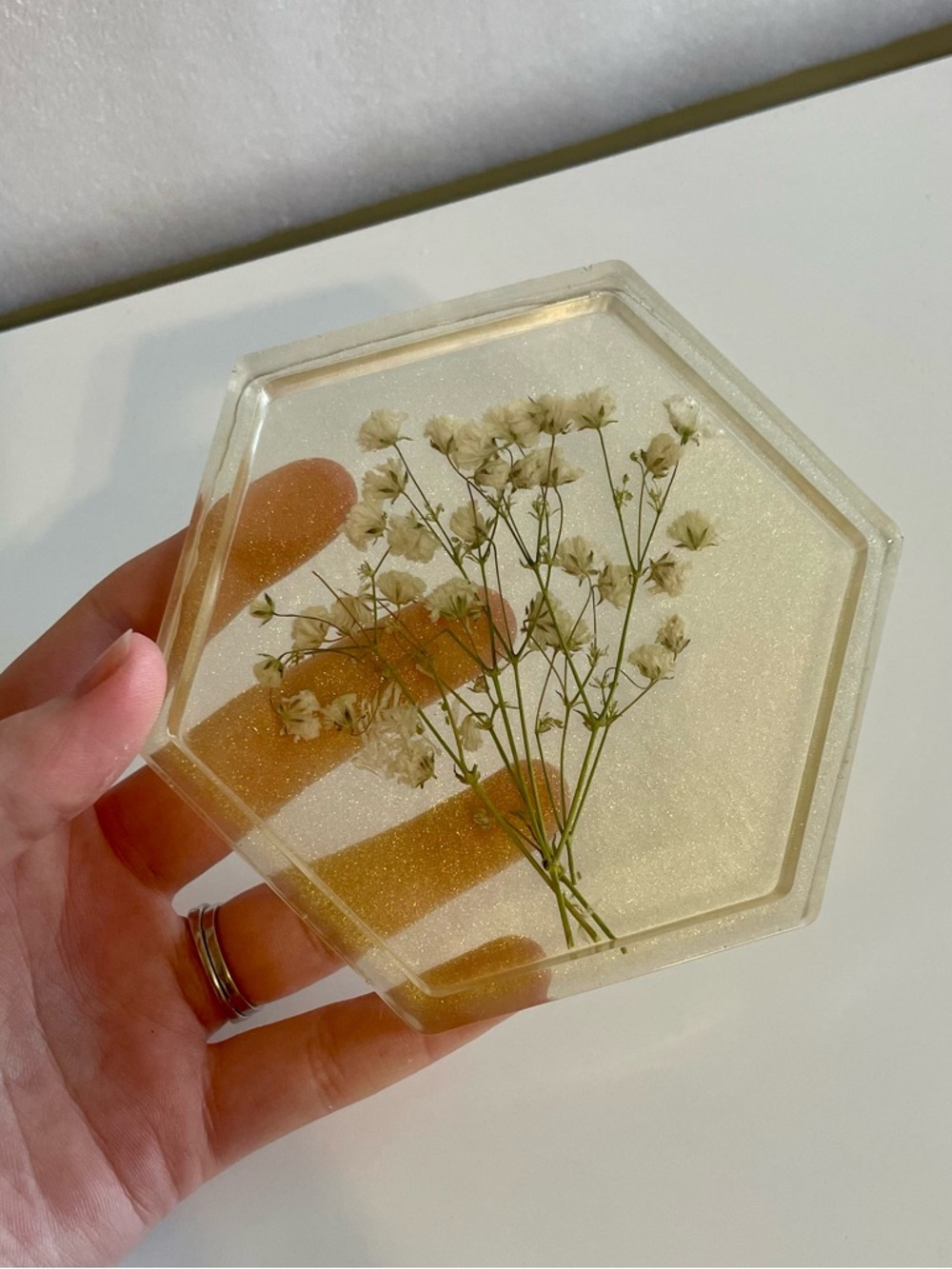 Handmade Gold Hexagon Resin Coaster/Tray with Dried White Flowers